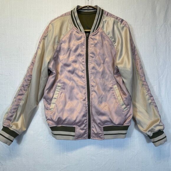 Express Green Cream Reversible Embroidered Satin Bomber Jacket Size Small - Picture 6 of 12